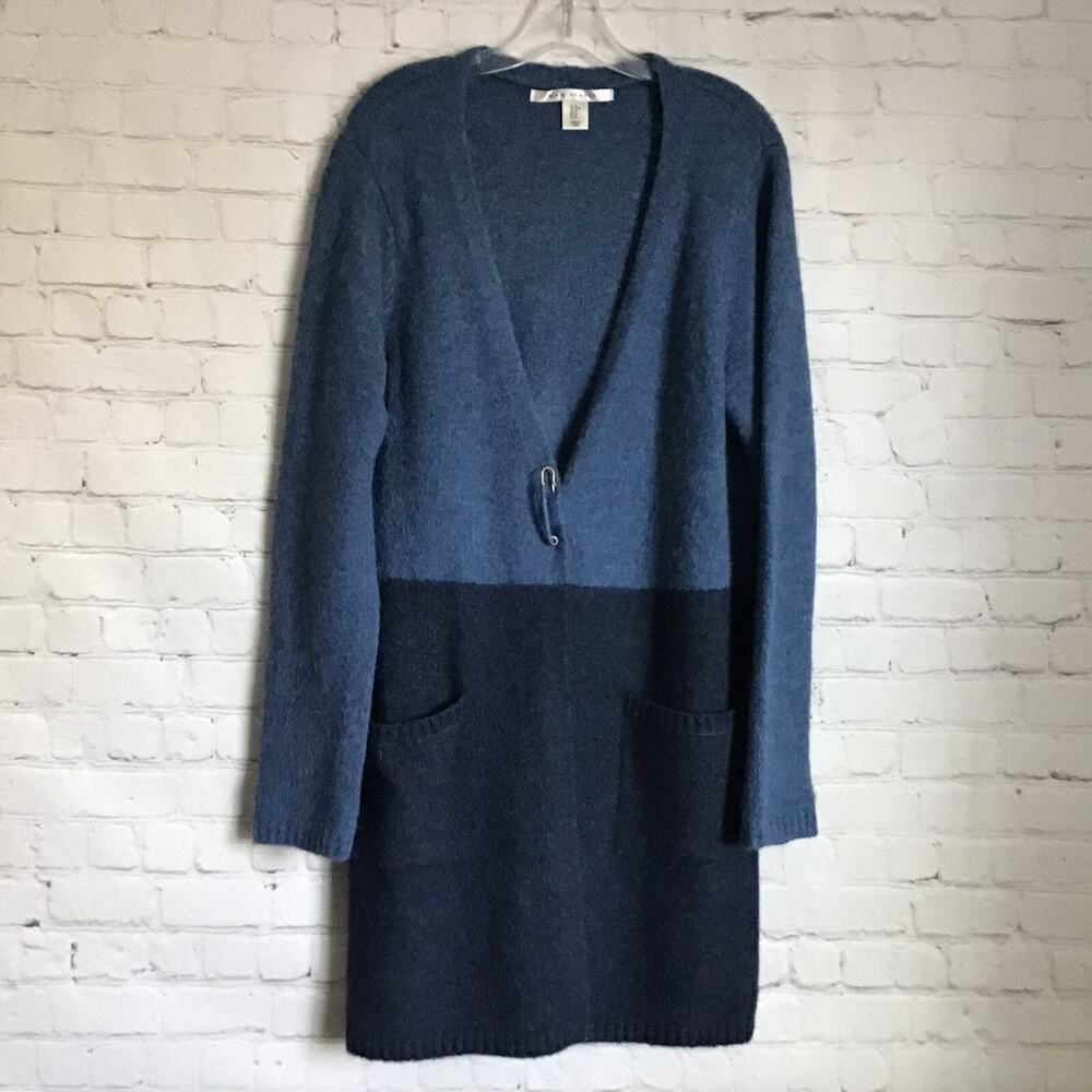 Max Studio Womans Long Blue Cardigan Sweater M Pockets Wool Colorblock